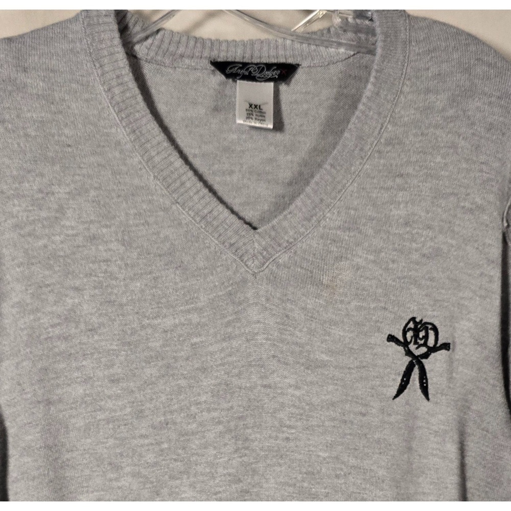 Artful Dodger Mens‎ V Neck Long Sleeve Pullover Sweater Grey Embroidered Logo 2X